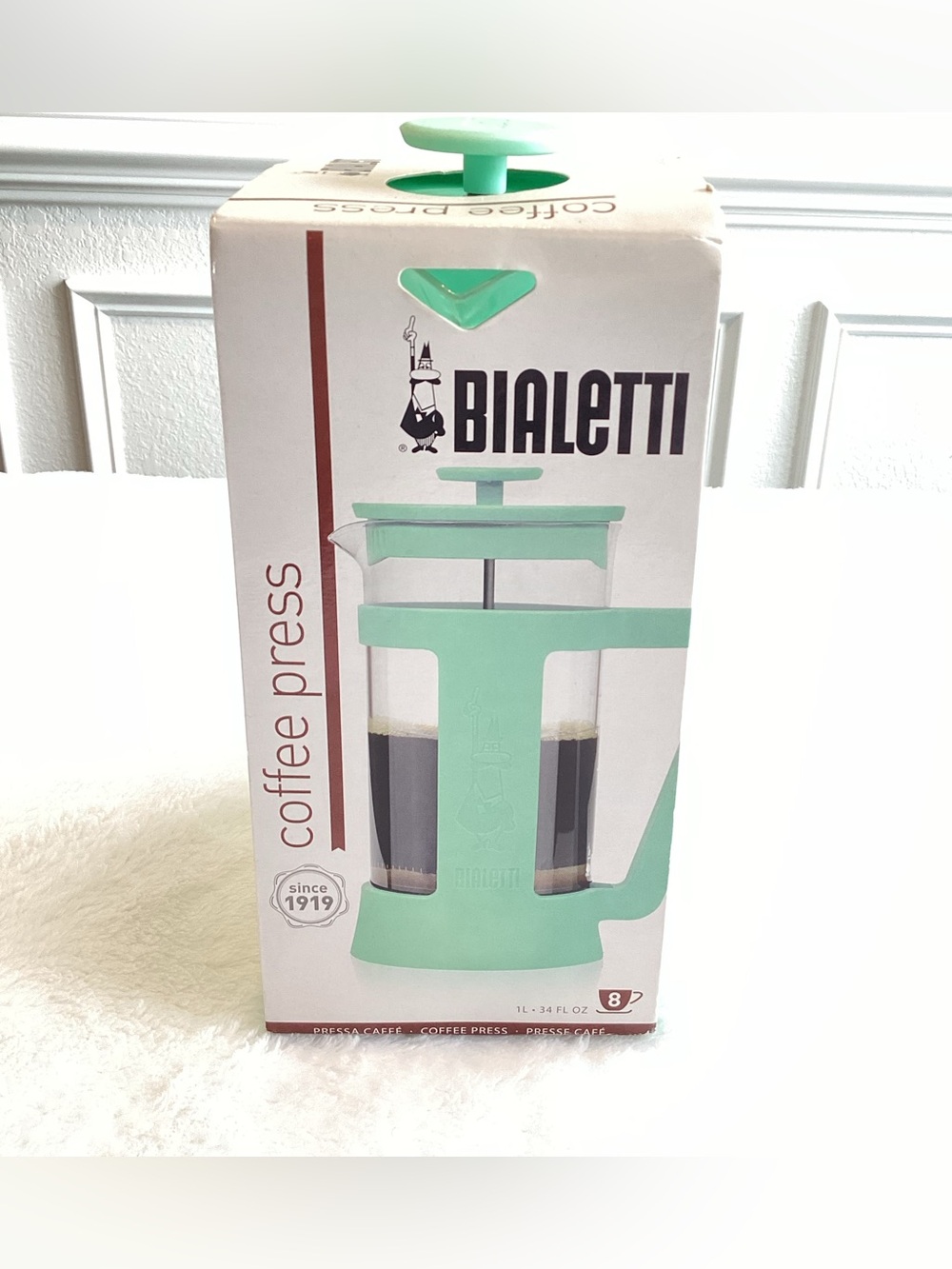 Bialetti Coffee Maker French Press Glass 8 Cup NEW NIB Mint Green